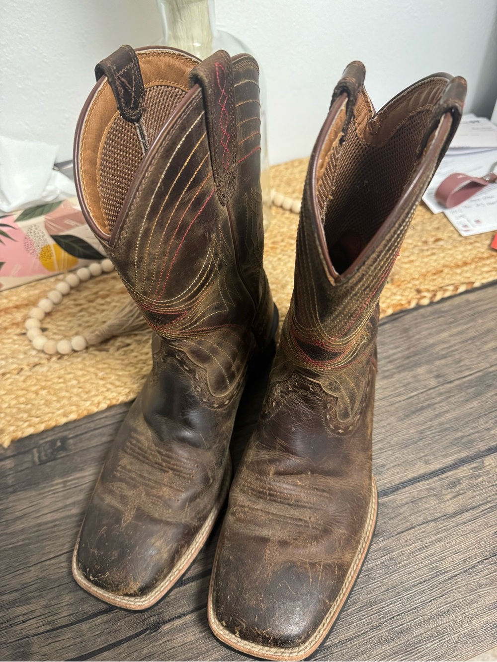 Brown Leather Cowboy Boots with Red Stitching